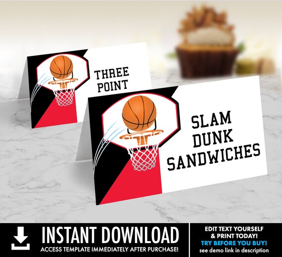 Basketball Food Labels - Basketball Birthday Party, Table Tent, Place Card | You Personalize using CORJL - INSTANT DOWNLOAD Printable