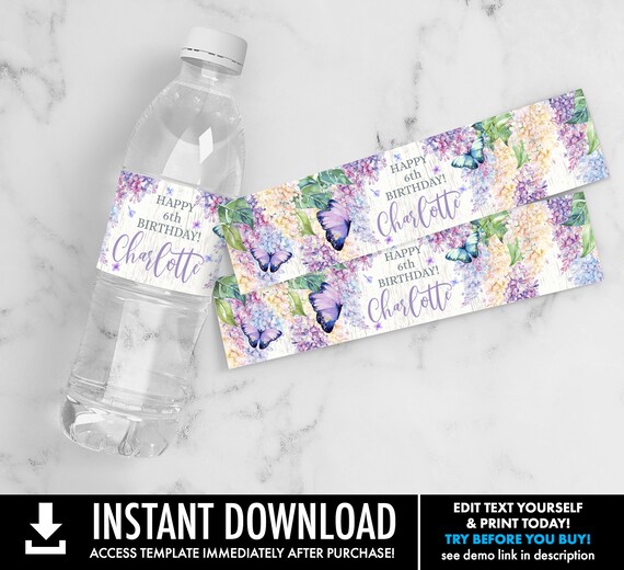 Butterfly Water Bottle Label/Wrappers - Butterfly Birthday, Shower, Drink Label | Self-Editing with CORJL - INSTANT DOWNLOAD Printable Il_570xn