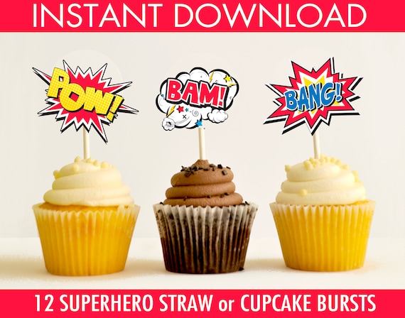 Superhero Straw Flag/Cutout Bursts, Superhero Party, Superhero Birthday, Straw Tags | DIY Instant Download PDF Printable