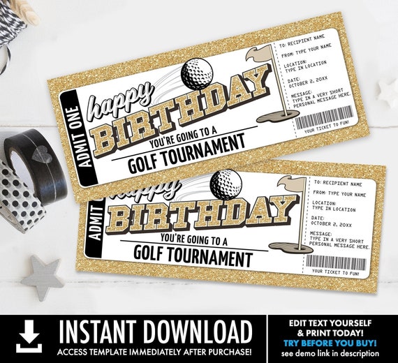 Birthday Golf Tournament Ticket Gift - Surprise Birthday Golf Ticket | Self-Edit with CORJL - INSTANT DOWNLOAD Printable