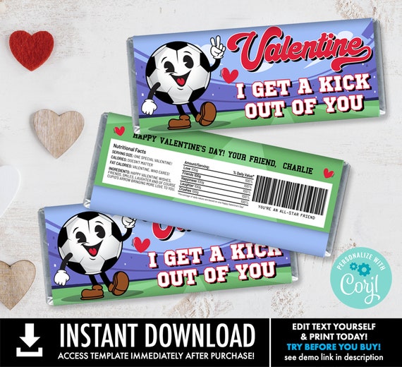 Valentine Soccer Candy Bar Label, Retro Soccer Valentine,Class Valentine Card | Self-Edit with CORJL - INSTANT DOWNLOAD Printable Template