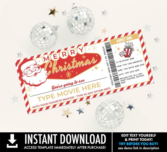 Retro Christmas Movie Tickets, Movie Tickets, Movie Night Gift Voucher, Family Night | You Personalize with CORJL-INSTANT DOWNLOAD Printable