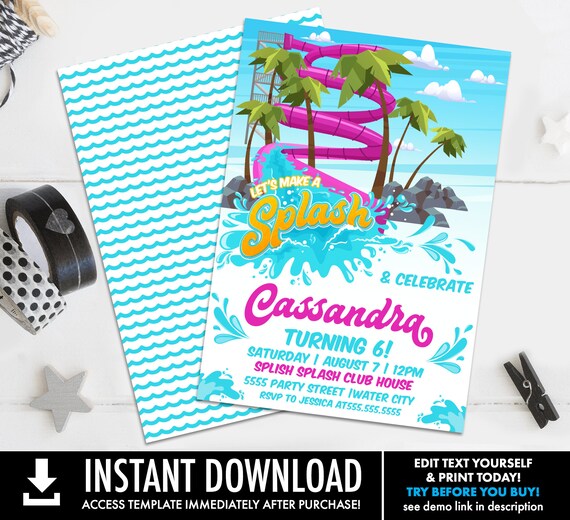 Waterslide Party Invitation - Waterpark Invite, Water Park Party, Pool Party | Self-Edit with CORJL-INSTANT DOWNLOAD Printable Template