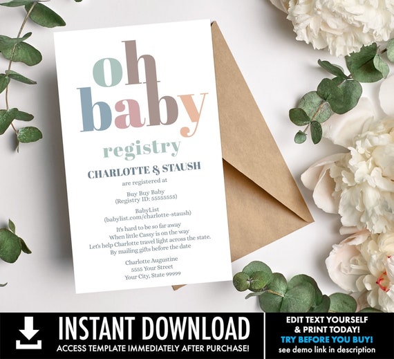 Gift Registry Insert Card Baby Shower, Neutral Shower, Boy Shower or Girl Shower | You Personalize using CORJL - INSTANT DOWNLOAD Printable