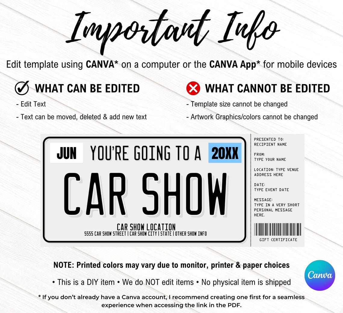 Car Show Gift Certificate, License Plate Car Show Surprise Gift Voucher ...