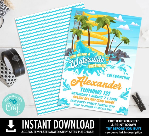 Waterslide Party Invitation - Waterpark Invite,Water Park Party,Pool Party | You Personalize using CORJL-INSTANT DOWNLOAD Printable Template
