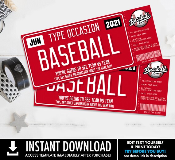 Baseball Ticket Gift Editable Template Surprise Baseball Etsy