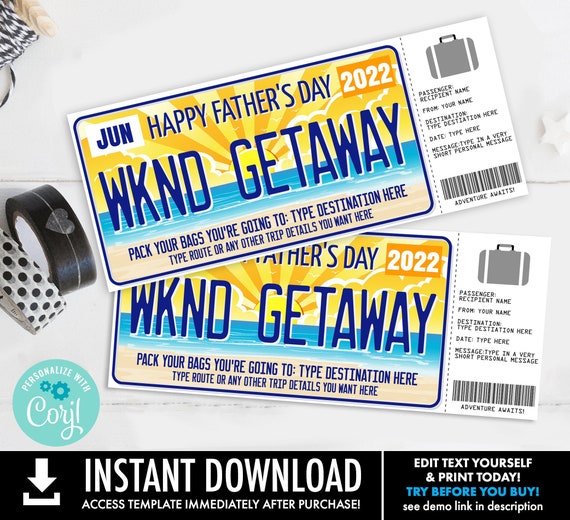 Father's Day Weekend Getaway Surprise Gift Voucher, License Plate Voucher, Vacation | Self-Edit with CORJL - INSTANT DOWNLOAD Printable