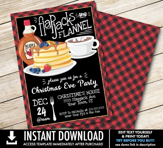 Flapjack & Flannel Invitation - Christmas Party, Breakfast with Santa, Flapjack Party | Self-Editing with CORJL - INSTANT DOWNLOAD Printable