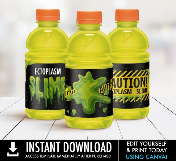 Slime Party Bottle Wrappers - Set of 3, Ectoplasma Slime,Sports Drink,ghost-movie inspired | Edit with CANVA-INSTANT Download Printable