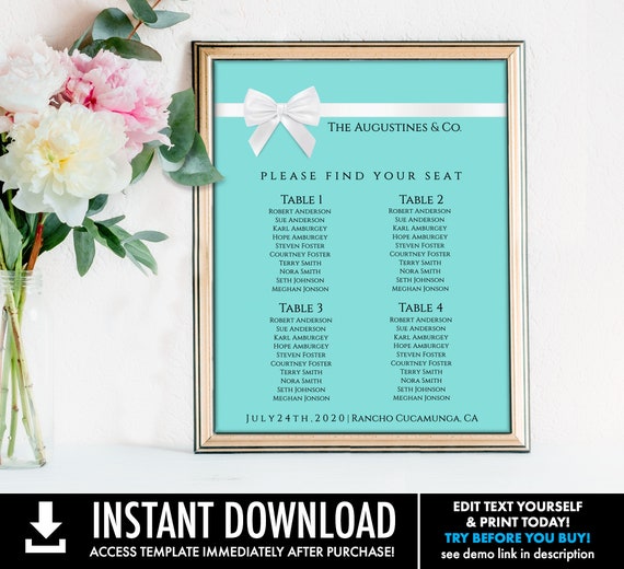 Seating Chart, Turquoise, Table Seating Chart, 11"x14" Table Chart, Birthday or Shower | Self-Edit with CORJL - INSTANT DOWNLOAD Printable