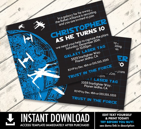 Star Wars Invitation - Star Wars Birthday, Star Wars Party, Tie-Fighter Blue | Self-Edit with CORJL - INSTANT DOWNLOAD Printable Template