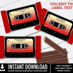 May include: Three printable labels featuring a retro cassette tape design. The labels are red and black with white text. The text on the labels reads "You really make my birthday party rock", "Thanks for partying like a rock star", and "Keep rockin & rollin Love, Jackson".