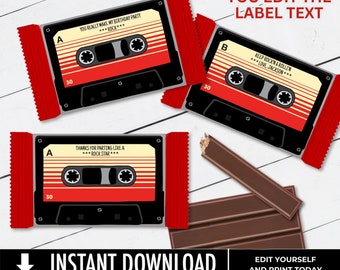 May include: Three printable labels featuring a retro cassette tape design. The labels are red and black with white text. The text on the labels reads "You really make my birthday party rock", "Thanks for partying like a rock star", and "Keep rockin & rollin Love, Jackson".