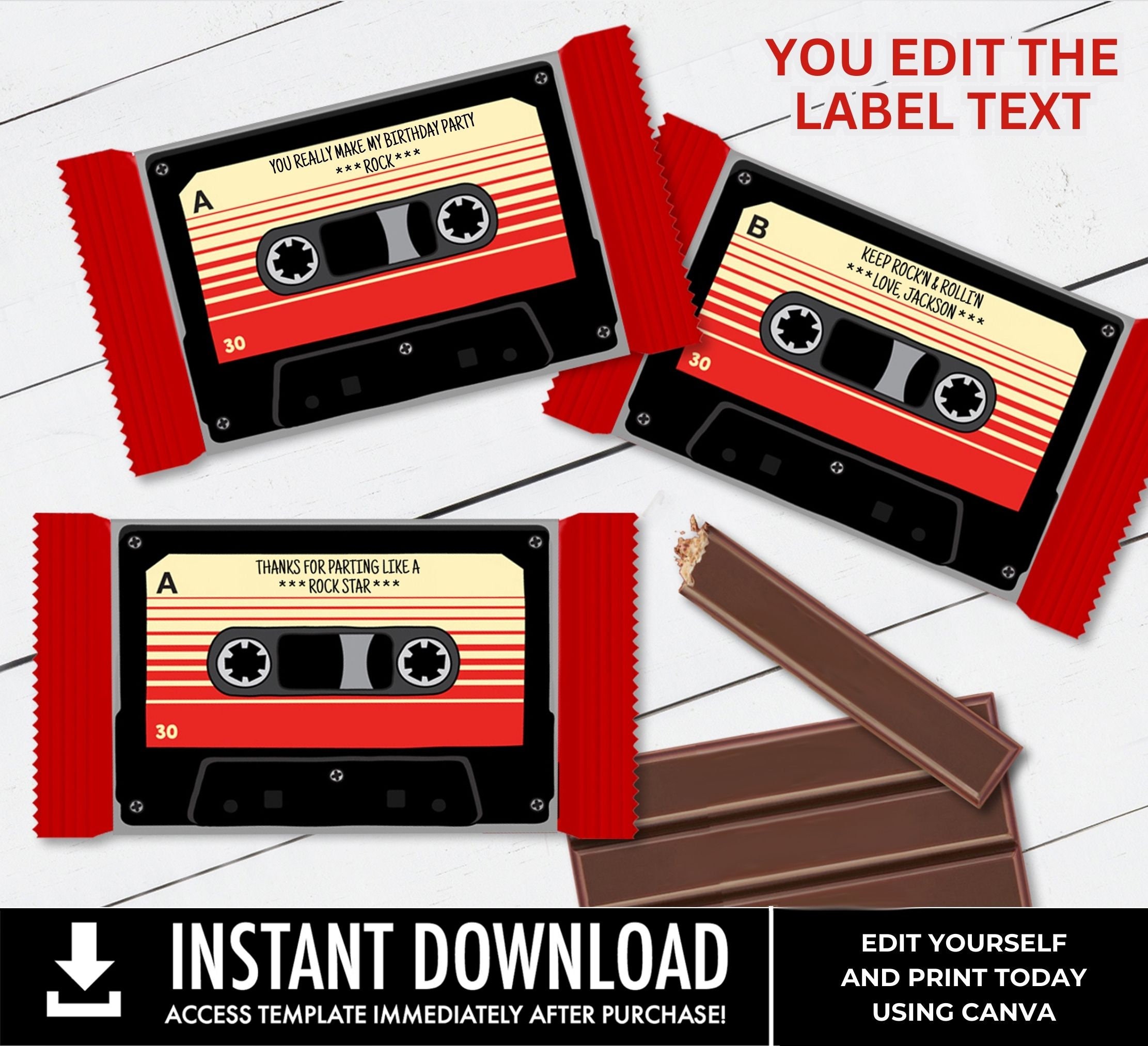 Cassette Tape Chocolate Wafer Candy Bar Label/Wrapper, Retro Party 