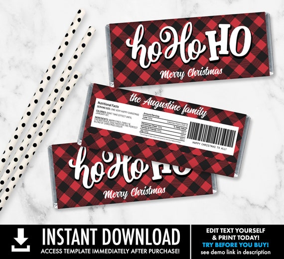 Ho Ho Ho Merry Christmas Candy Bar Label/Wrapper, Christmas Party, Candy Bar Party Favor | Self-Edit with CORJL - INSTANT Download Printable