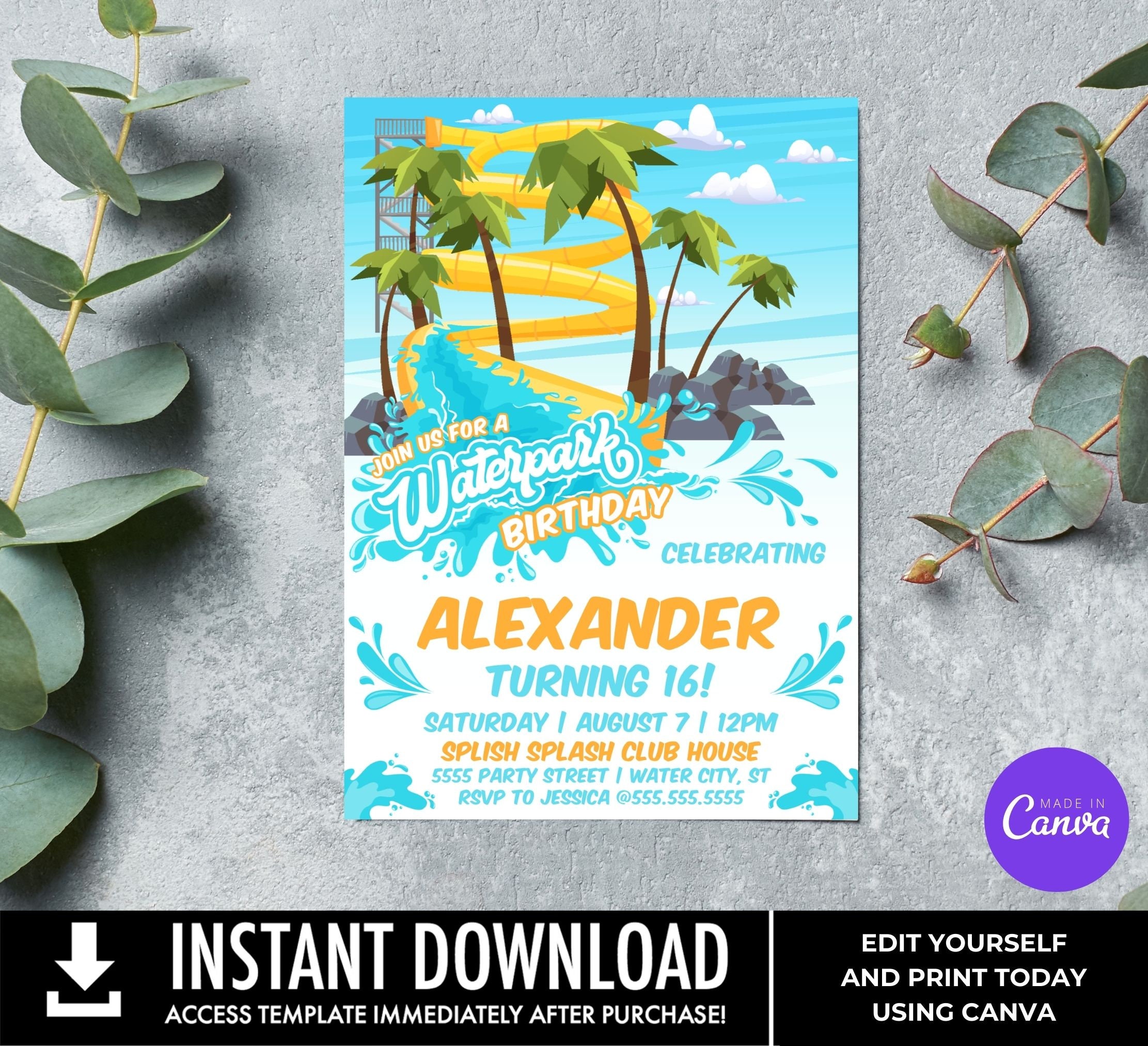 Waterpark Party Invitation - Waterslide Invite, Water Park Party, Pool ...