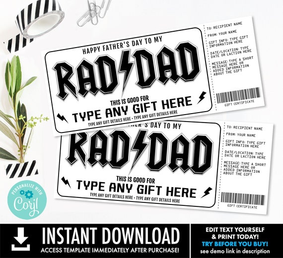 Father's Day Certificate, Rad Dad Surprise Gift, Type Any Gift ...