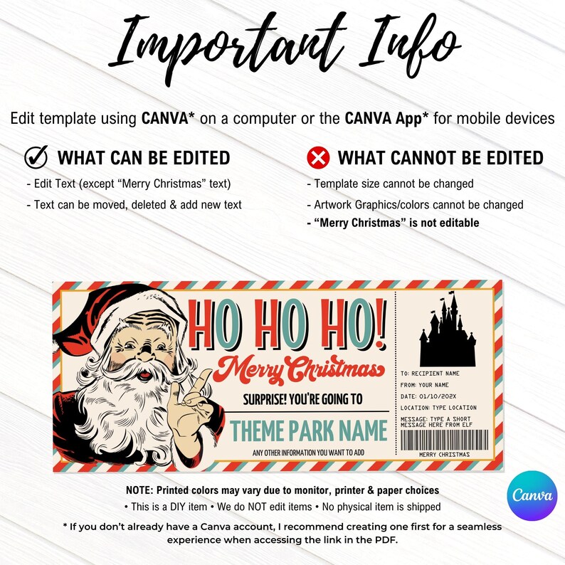 Santa Theme Park Gift Certificate, Theme Park Gift Ticket,amusement ...