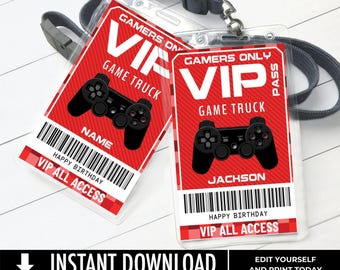 Video Game Badges -VIP Video Game I.D. Badges,Video Game Truck Party Birthday | Edit using CANVA - INSTANT Download Printable Template