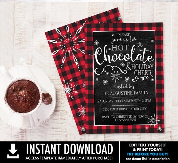 Hot Chocolate Party Invitation - Holiday Cheer, Hot Coco Bar Party, Winter Office Party| Self-Edit with CORJL - INSTANT DOWNLOAD Printable Il_570xn