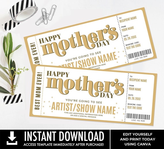 Mother's Day Concert Ticket Template, Event Gift Certificate, Surprise Concert Gift Voucher Coupon | Edit with CANVA-Printable Download