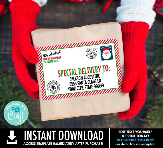 Santa Mail Sticker Template,Large North Pole Shipping Label,Special Delivery,Gift Tag | Self-Edit with CORJL-INSTANT Download Printable Il_570xn