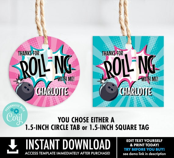 Bowling Party Circle Favor Tag - 1.5" Circle or Square Tag, Bowling Favor Tag | You Personalize using CORJL - INSTANT DOWNLOAD Printable