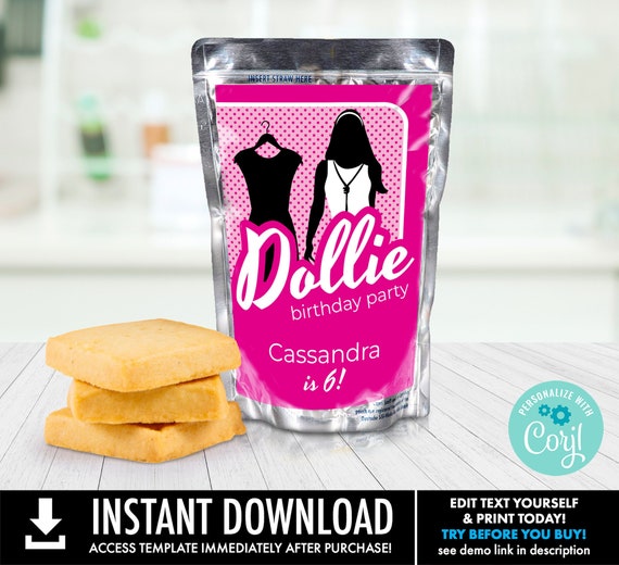 Hot Pink Doll Birthday Party Capri Sun Label, Juice Pouch Labels,Dollie Drink Label | You Personalize using CORJL–INSTANT DOWNLOAD Printable