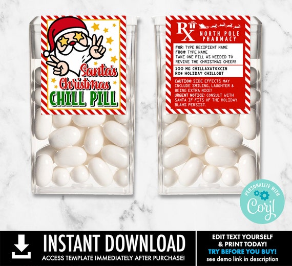 Santa's Chill Pill Breath Mint Candy Label, Holiday Blahs, Christmas Party Favor, Santa's Nice List | Edit using CORJL–INSTANT Download