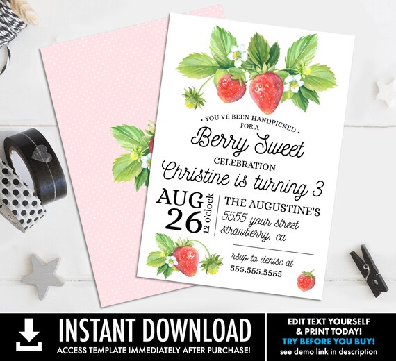 Strawberry Berry Sweet Invite - Strawberry Party Invitation - Summer Invite | Self-Edit with CORJL - INSTANT Download Printable Il_570xn