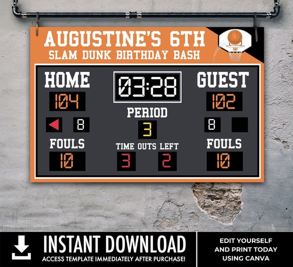 Basketball Scoreboard Printable 36"x24" Poster, Scoreboard Sign, Basketball Birthday | Edit Text using CANVA–INSTANT DOWNLOAD Printable