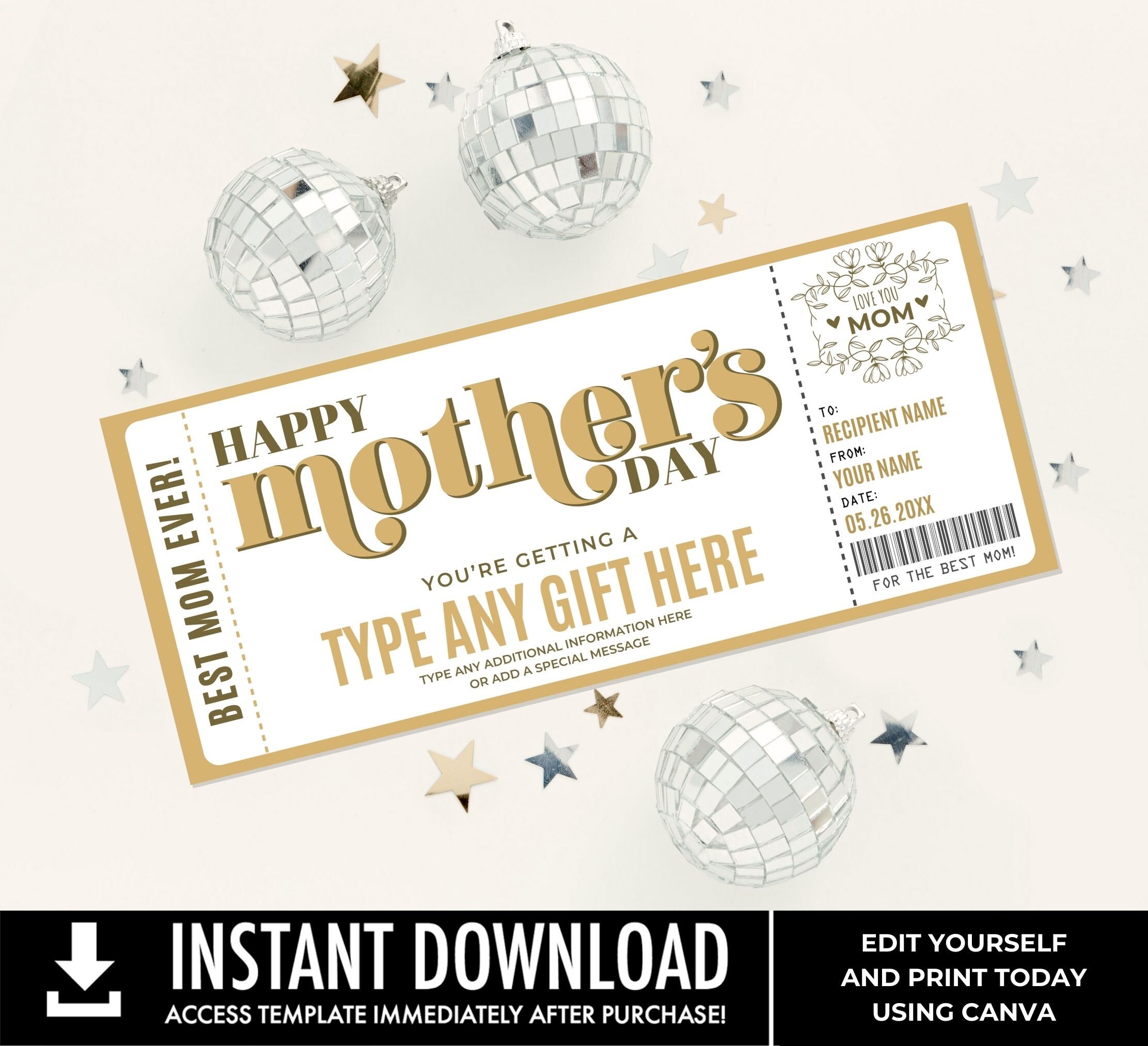 Mother's Day Editable Golden Ticket Template, Any Type Gift Certificate ...
