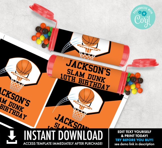 Basketball Mini Chocolate Bits Tube Label, Basketball Party Favor, Basketball Treat | Self-Edit with CORJL INSTANT Download Printable