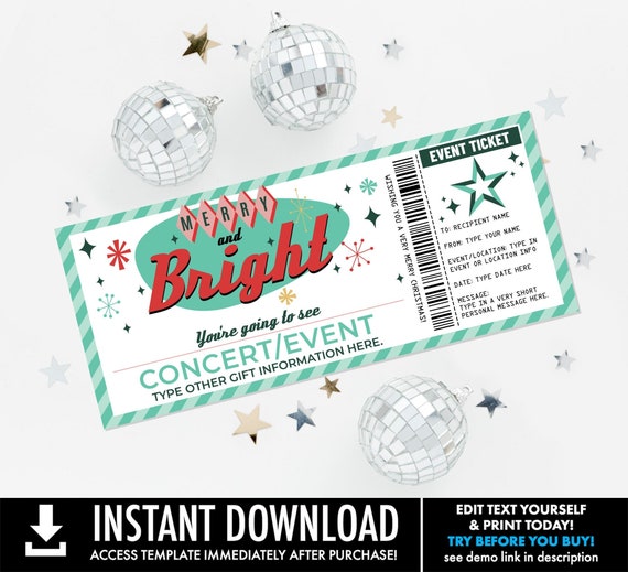 Christmas Concert Ticket Gift, Merry & Bright Surprise Concert, Christmas Gift Certificate| You Personalize CORJL–INSTANT DOWNLOAD Printable