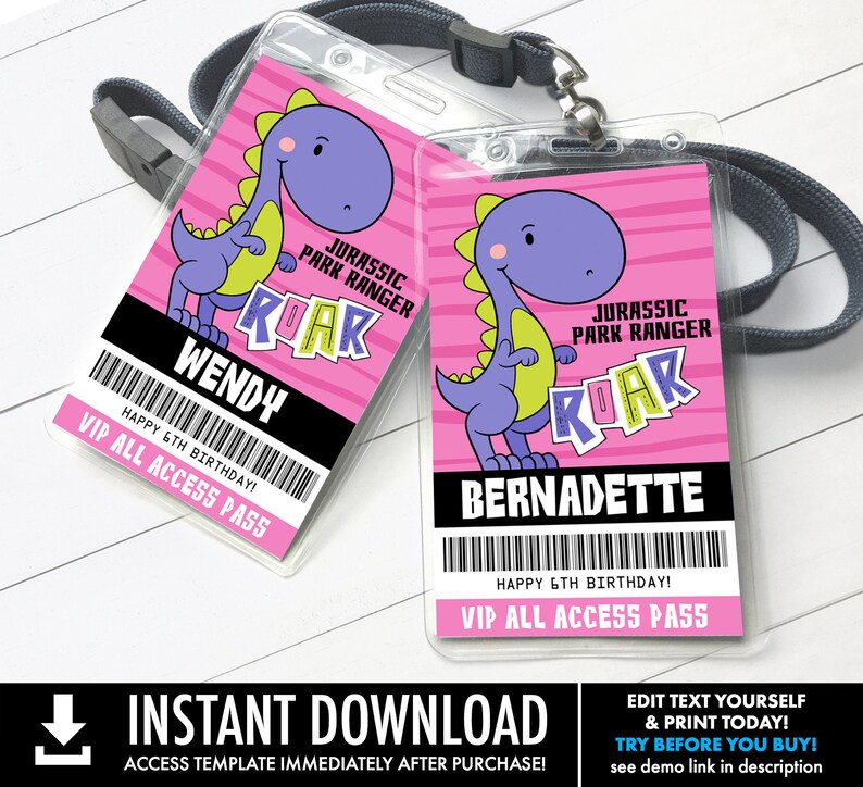 May include: Two pink and purple dinosaur themed birthday party name tags with a barcode and the text "Jurassic Park Ranger Roar" and "VIP All Access Pass".