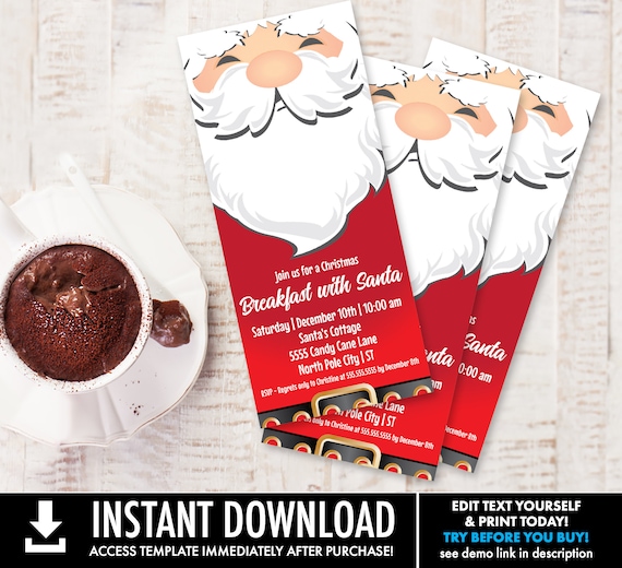 Santa Party Invitation, Breakfast with Santa, Santa & Pancakes, Christmas Party | Self-Edit with CORJL - INSTANT DOWNLOAD Printable Il_570xn