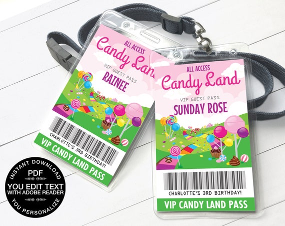 Candy Land Party VIP Badge, Candyland All Access Pass, ID badge, Party Favor Badge | Self-Edit Text INSTANT Download Printable Template Il_570xn