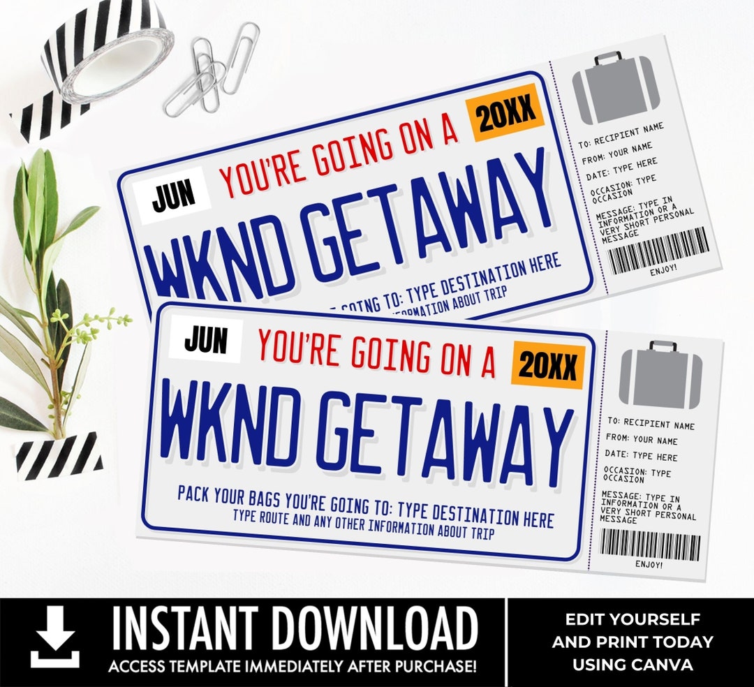 Weekend Getaway Surprise Gift Voucher, Road Trip, License Plate Voucher