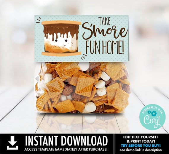 S'more Party Favor Bag Topper - Take S'more Fun Home, S'more 4" Treat Topper | Self-Edit with CORJL - INSTANT DOWNLOAD Printable