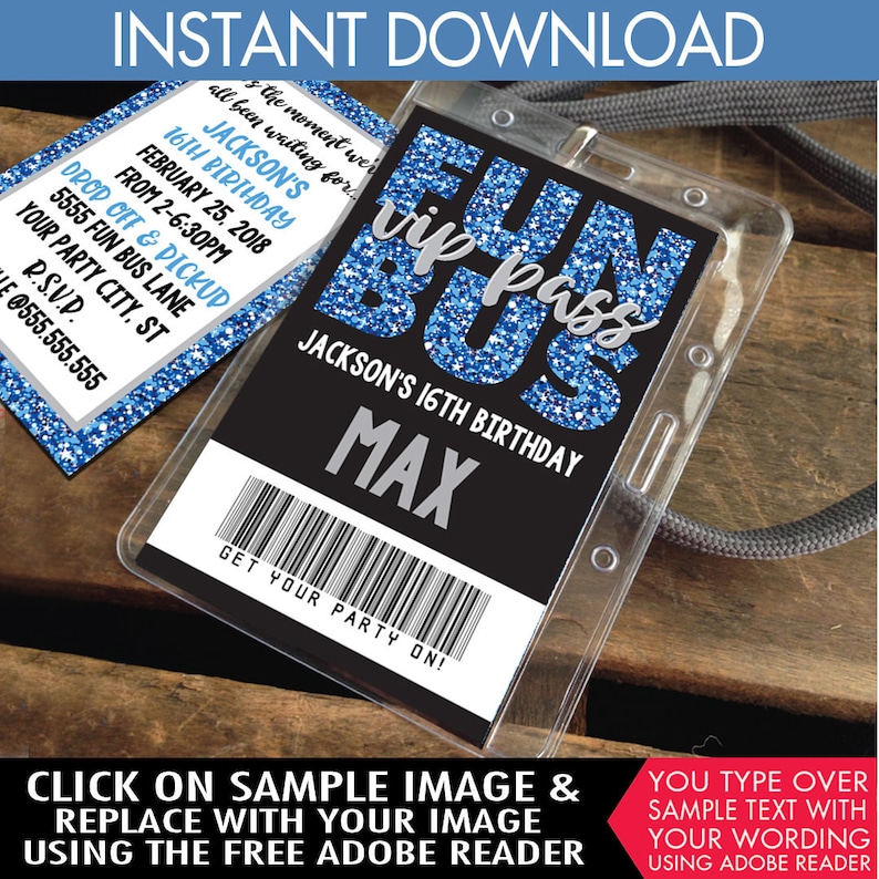 Teen ID Badge Party Bus Invite Instant Download D.I.Y Party Favor Tween Badges Badge Invitation Fun Bus VIP I.D Printable PDF Kit