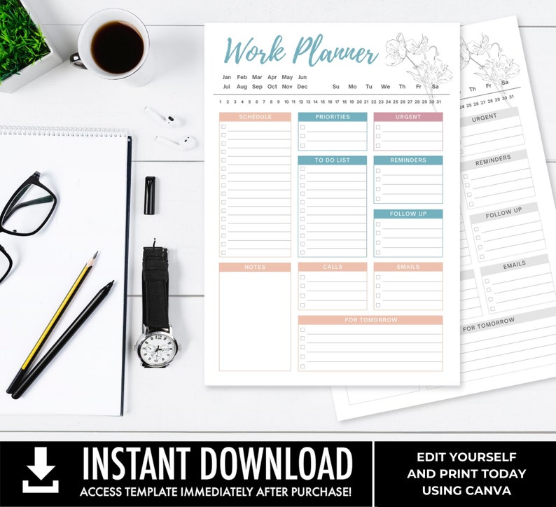 Editable Work Planner, Work Day Organizer, Printable Daily Planner ...