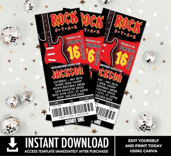 Rockstar Party Ticket Invitations, Party like a Rockstar, Rock n Roll Birthday | Self-Edit with CANVA - INSTANT DOWNLOAD Printable Template