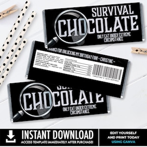 Escape Room Candy Bar Etikett/Wrapper, Mystery Party Süßigkeitsgeschenk Etikett | Self-editing mit CANVA - INSTANT Download Printable