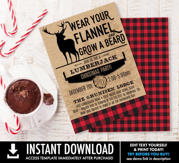 Plaid Christmas Invitation - Flannel Party,Rustic Christmas Party, Lumberjack Christmas | Self-Edit with CORJL - INSTANT DOWNLOAD Printable