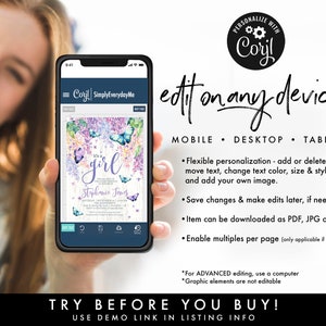 May include: A mobile phone screen shows a baby shower invitation design with floral and butterfly details. The invitation says "It's a girl" and includes the name "Stephanie Jones." The image also includes the text "edit on any device!"