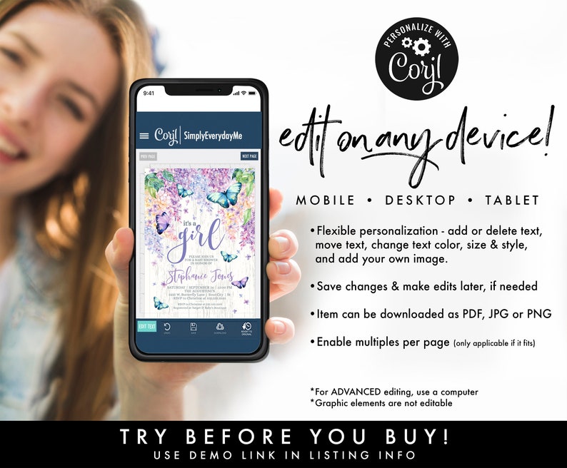 May include: A mobile phone screen shows a baby shower invitation design with floral and butterfly details. The invitation says "It's a girl" and includes the name "Stephanie Jones." The image also includes the text "edit on any device!"