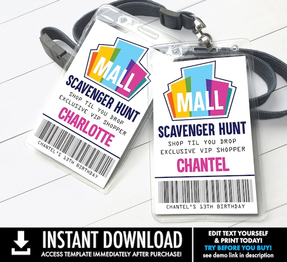 Mall Scavenger Hunt VIP Badge, Shopper ID Badge, Scavenger Hunt Passes | Self-Editing Text D.I.Y. Editable Text INSTANT Download Printable