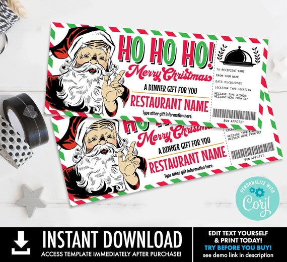 Santa Restaurant Gift Voucher, Dinner Reservations Gift Certificate,Office Gift | Self-Edit with CORJL-INSTANT Download Printable