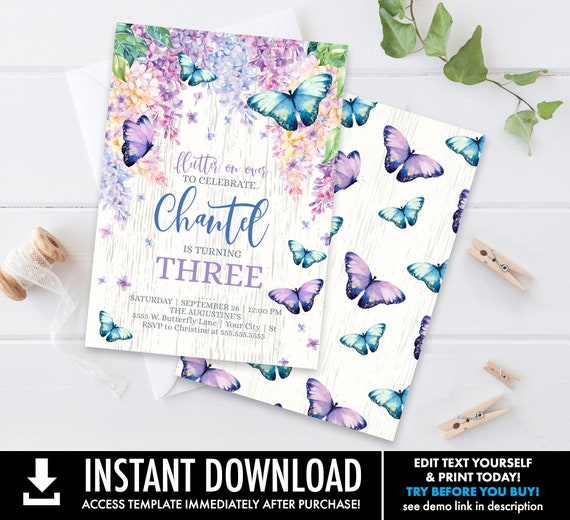 Butterfly Party Invitation - Butterflies  & Flowers Invitation, Garden Party | Self-Edit with CORJL - INSTANT DOWNLOAD Printable Template